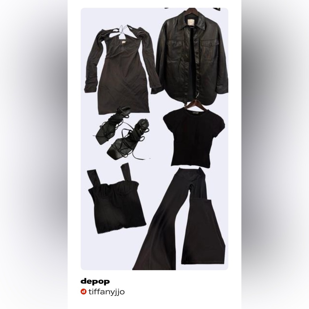 All black leather jacket, mini dress, flare leggings, tee, corset top, strap hee